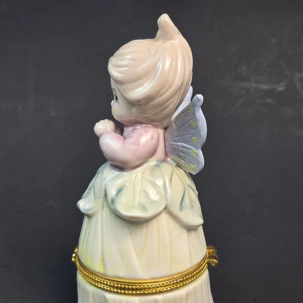 Vintage Porcelain Fairy Hinged Trinket Box Pastel Angel Figurine Gold Tone Clasp